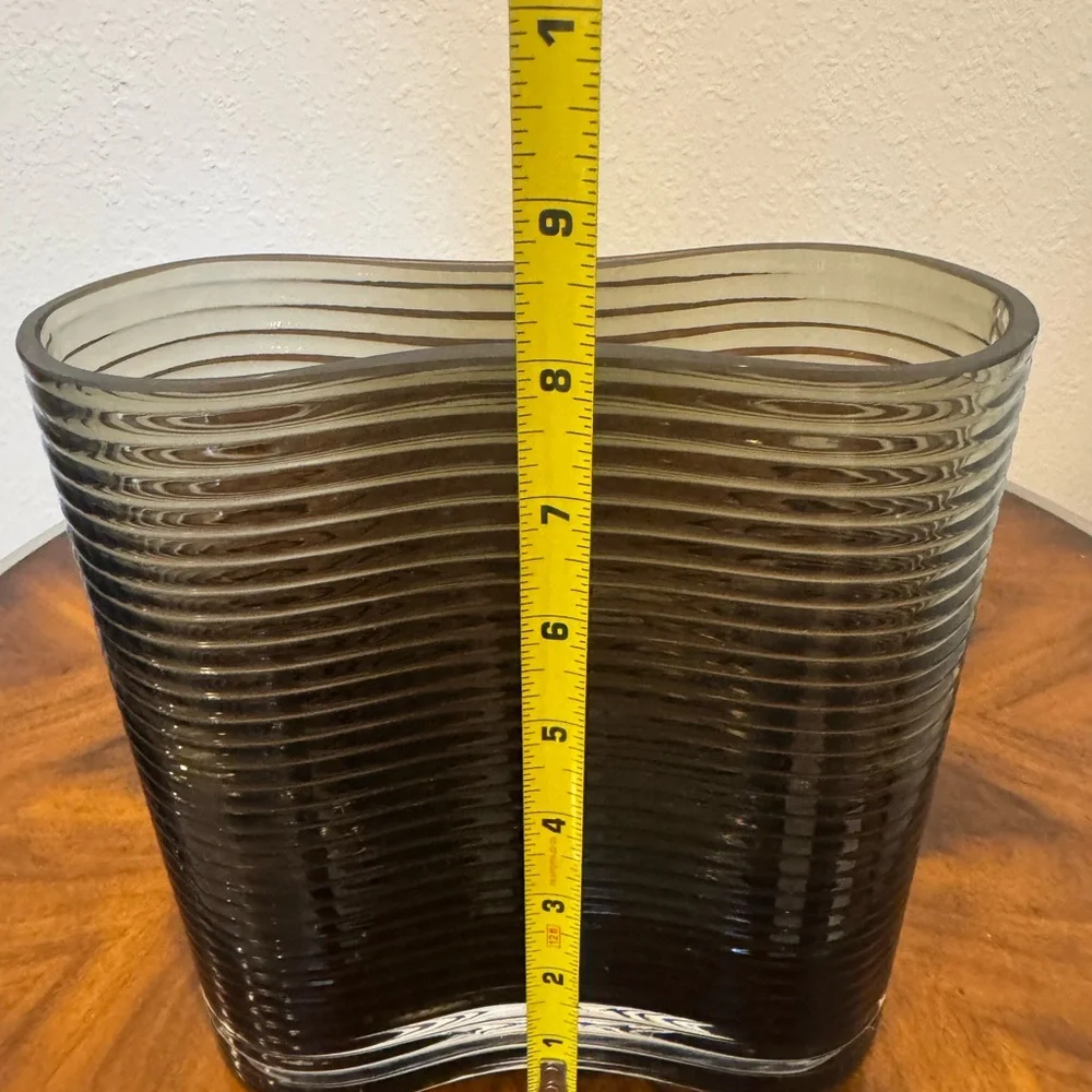 Mid-Century Wavy Glass Vase in Smoky Green/Gray Hand Blown In Poland 8” - Picture 6 of 7